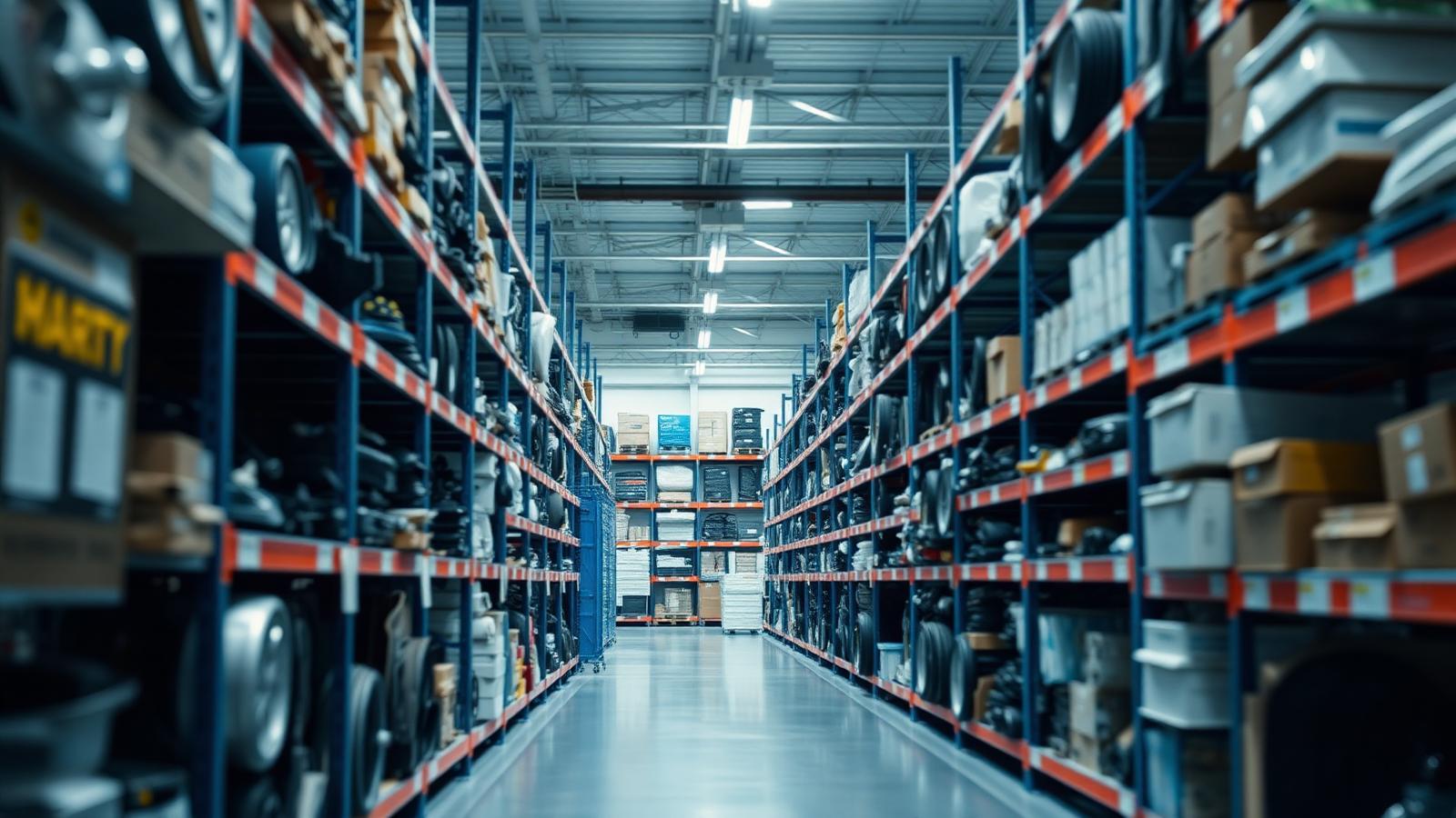 Estoque organizado de peças automotivas em um centro de distribuição